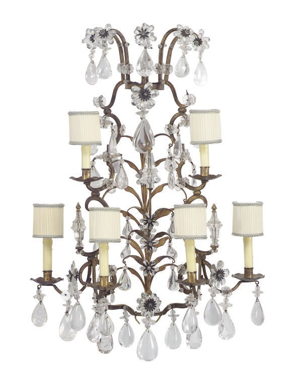 A PAIR OF GILT-METAL AND GLASS SIX-BRANCH WALL-LIGHTS,