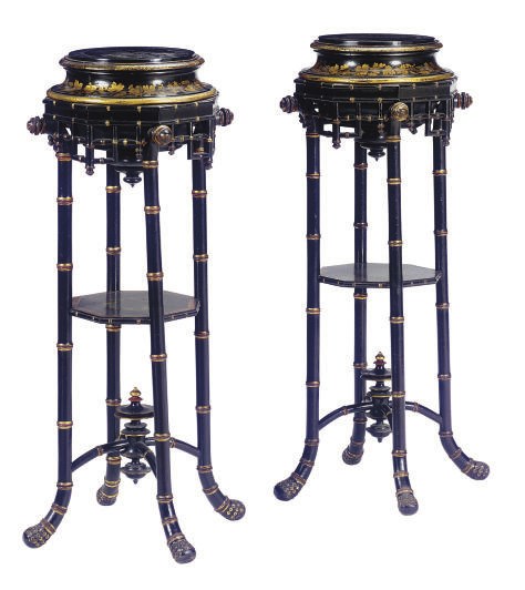 A PAIR OF VICTORIAN BLACK, GILT AND SCARLET-JAPANNED PLANT STANDS,