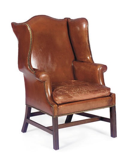 A GEORGE III MAHOGANY AND LEATHER-UPHOLSTERED WINGBACK ARMCHAIR,