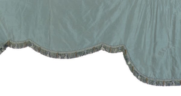 A PAIR OF PEACOCK BLUE SILK CURTAIN PANELS,