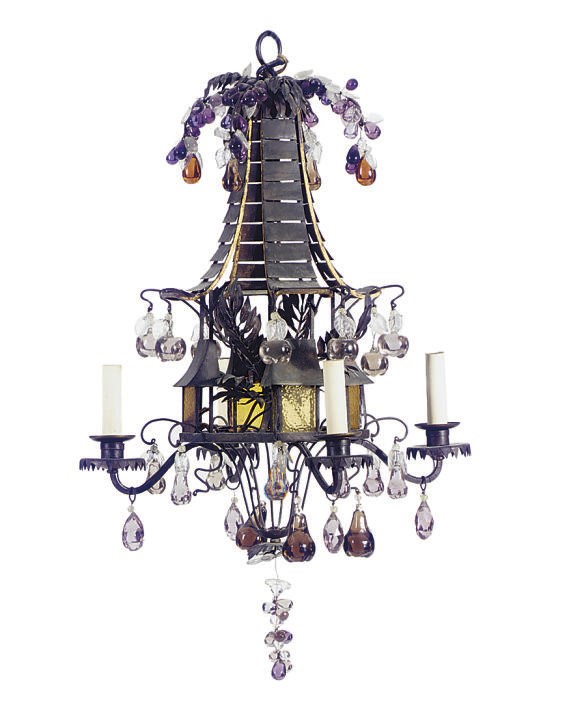 A PATINATED-METAL, COLORED-GLASS AND PARCEL-GILT FOUR-LIGHT CHANDELIER,
