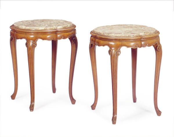 A PAIR OF FRUITWOOD AND MARBLE-TOP SIDE TABLES,