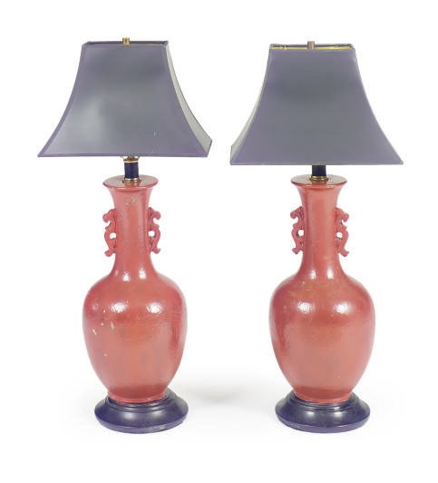 A PAIR OF OXBLOOD-RED GLAZED TABLE LAMPS,
