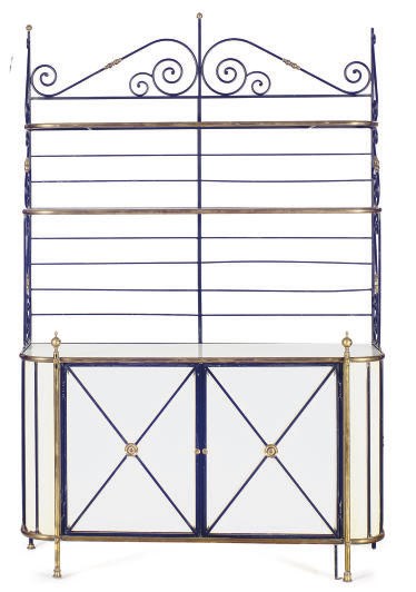 A FRENCH ENAMELED METAL, BRASS AND MILK-GLASS BAKER'S RACK,