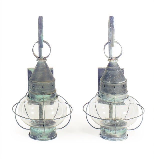 A SET OF FIVE METAL AND GLASS WALL LANTERNS,