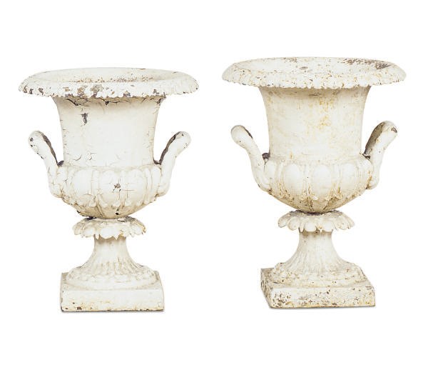 A PAIR OF WHITE-PAINTED IRON GARDEN URNS,