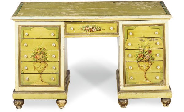 A POLYCHROME-PAINTED DOUBLE-PEDESTAL DESK,