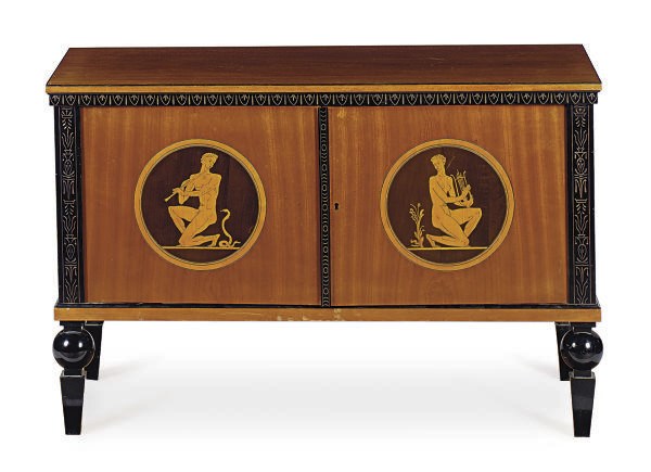A MAHOGANY, SYCAMORE, AND PART-EBONIZED MARQUETRY SIDE CABINET,