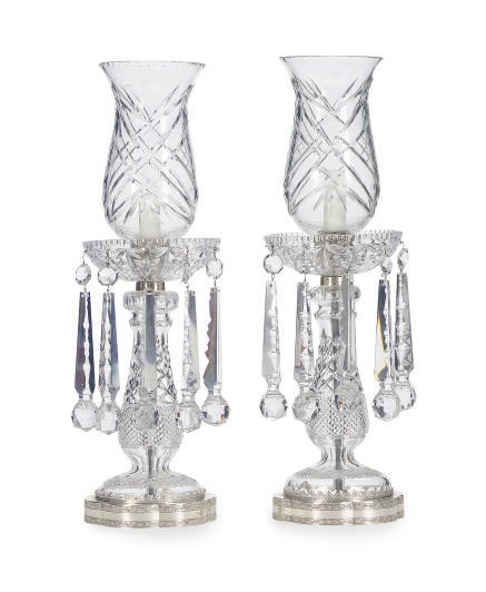 A PAIR OF CHROMED-METAL MOUNTED CUT-GLASS TABLE LUSTRES,