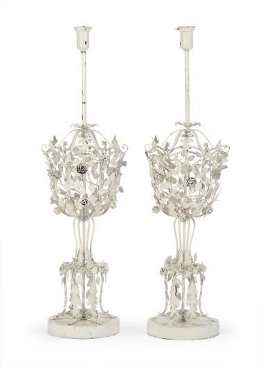A PAIR OF WHITE-ENAMELED METAL BASKET-FORM TORCHERES,