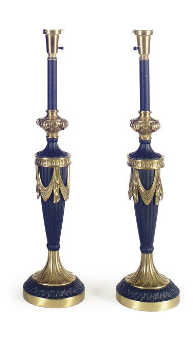 A PAIR OF PATINATED AND GILT-METAL TABLE LAMPS,