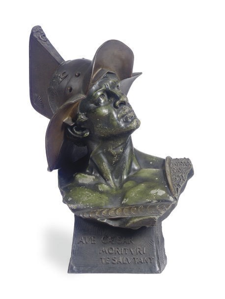 AN ITALIAN PATINATED SPELTER BUST OF A GLADIATOR,