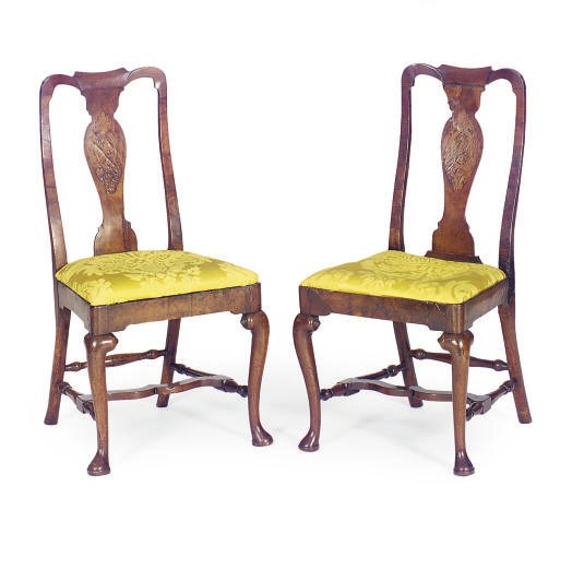 A SET OF FIVE GEORGE I WALNUT AND MARQUETRY DINING CHAIRS,