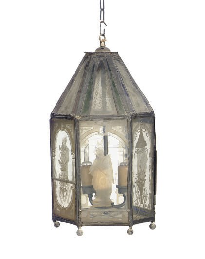 A METAL AND ETCHED-GLASS HANGING LANTERN,