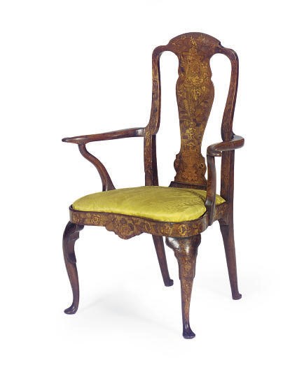 A DUTCH WALNUT FLORAL MARQUETRY OPEN ARMCHAIR,