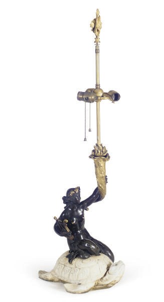 A PATINATED, GILT-BRONZE AND MARBLE FIGURAL TABLE LAMP,