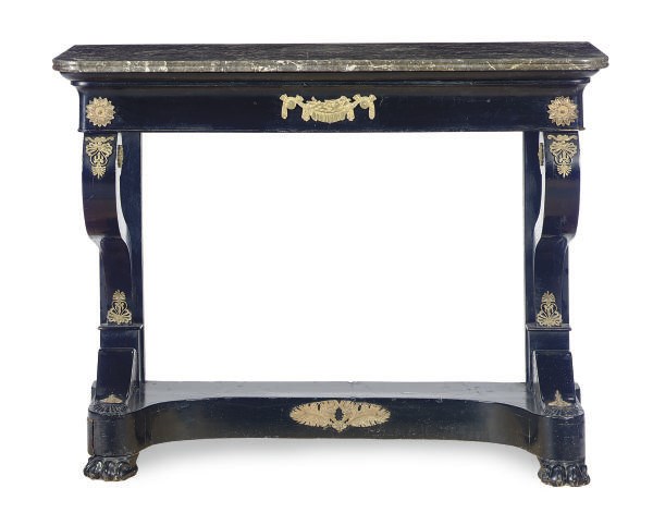 A ORMOLU-MOUNTED EBONIZED AND MARBLE-TOP CONSOLE TABLE,