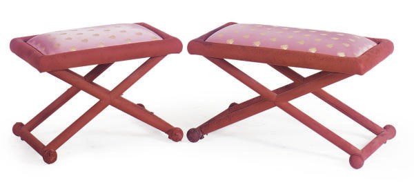 A PAIR OF RED SUEDE AND PINK SILK UPHOLSTERED X-FORM BENCHES,