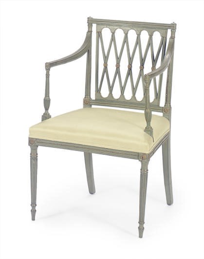 A GREEN-PAINTED AND PARCEL-GILT OPEN ARMCHAIR,