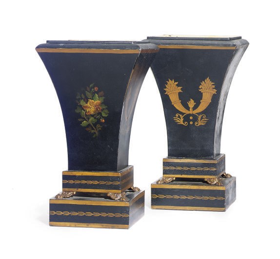 A PAIR OF TOLE PEINTE JARDINIERES,