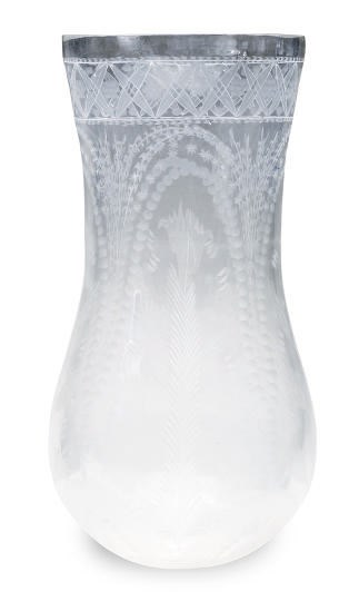 A PAIR OF ETCHED GLASS HURRICANE LAMP SHADES,