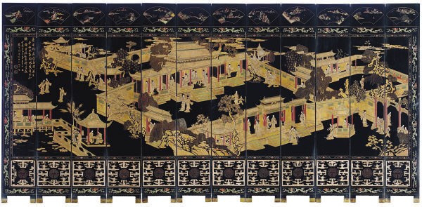 A CHINESE BLACK, GILT AND POLYCHROME-LACQUER TWELVE-PANEL SCREEN,