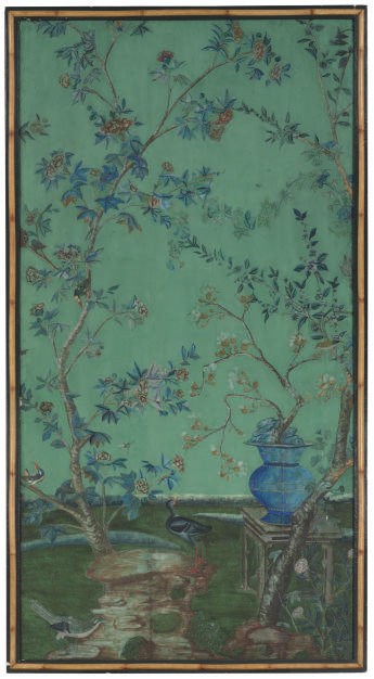 A CHINESE EXPORT POLYCHROME-DECORATED WALLPAPER PANEL