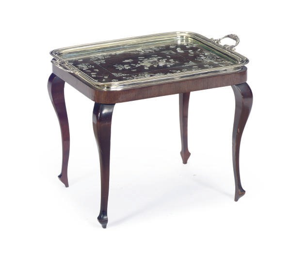 A SILVER-PLATED, MOTHER-OF-PEARL INLAID MAHOGANY TRAY-ON-STAND,