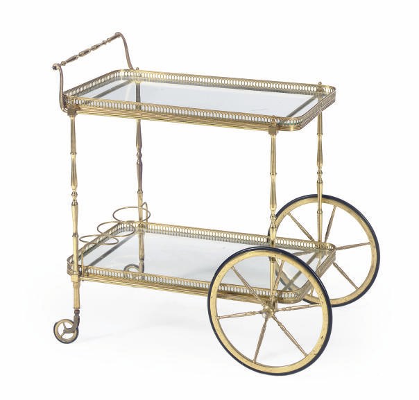 A BRASS AND GLASS DRINKS CART,