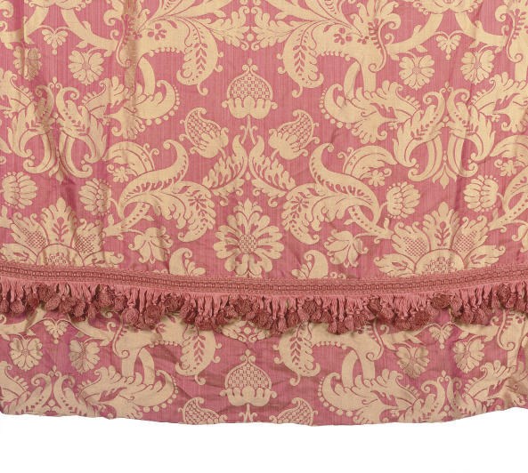 A GROUP OF RED AND GILT-BROCADE SILK CURTAIN PANELS,