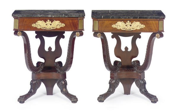 A PAIR OF GILT-METAL MOUNTED MAHOGANY AND MARBLE-TOP CONSOLE TABLES,