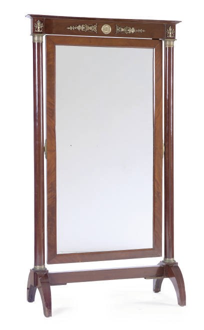 A FRENCH GILT-METAL MOUNTED MAHOGANY CHEVAL MIRROR,