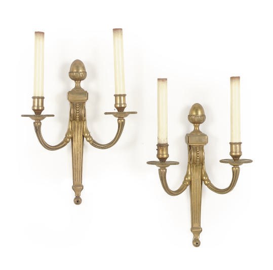 A PAIR OF GILT-BRONZE TWO-BRANCH WALL LIGHTS,