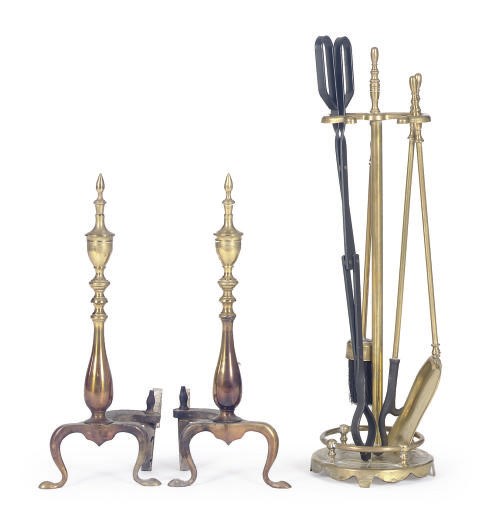 A PAIR OF BRASS AND STEEL ANDIRIONS,