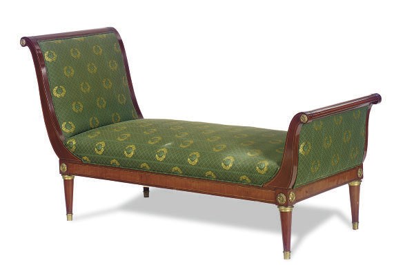A GILT-METAL MOUNTED MAHOGANY AND UPHOLSTERED RECAMIER,