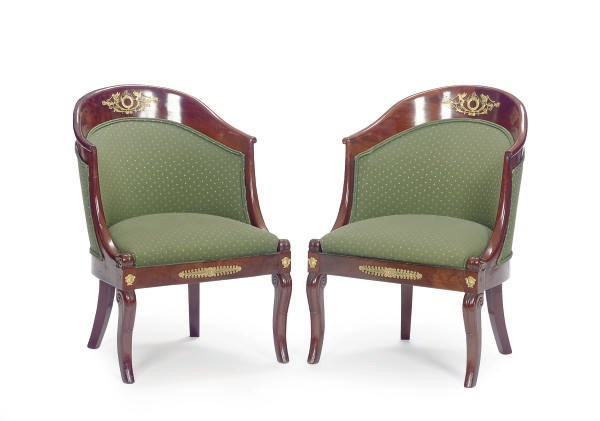A PAIR OF GILT-METAL MOUNTED MAHOGANY AND UPHOLSTERED SIDE CHAIRS,