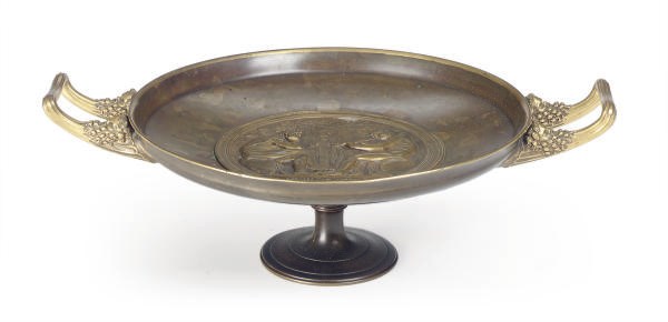 A PATINATED AND GILT-BRONZE TAZZA,