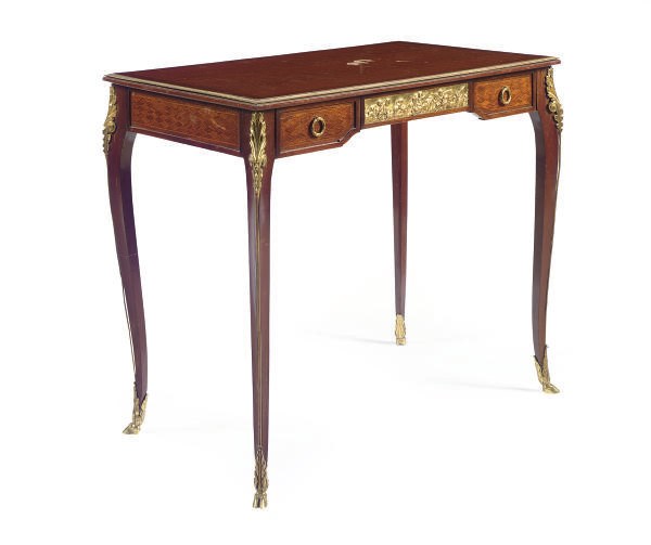 A FRENCH GILT-METAL MOUNTED MAHOGANY AND PARQUETRY BUREAU PLAT,