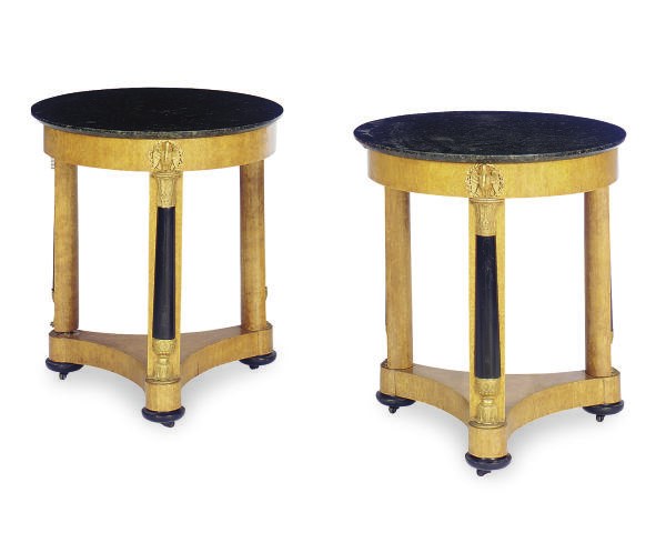 A PAIR OF GILT-METAL MOUNTED, FRUITWOOD AND PART-EBONIZED GUERIDONS,