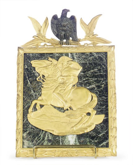 A FRENCH ORMOLU, PATINATED BRONZE AND MARBLE NAPOLEONIC PLAQUE,