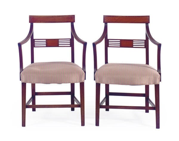 A PAIR OF MAHOGANY OPEN ARMCHAIRS,