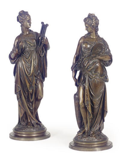 A PAIR OF PATINATED BRONZE ALLEGORICAL FIGURES,