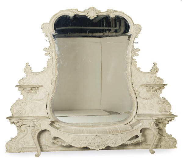 A WHITE PAINTED, FAUX-MARBLE AND MIRRORED BANQUETTTE,