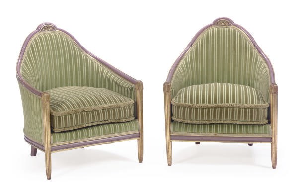 A PAIR OF LAVENDER-PAINTED AND PARCEL-GILT BERGERES,