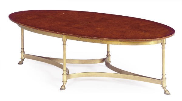 A GILT-METAL AND BURLWOOD COFFEE TABLE,