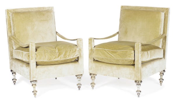 A PAIR OF CHROMED-METAL AND VELVET-UPHOLSTERED ARMCHAIRS,