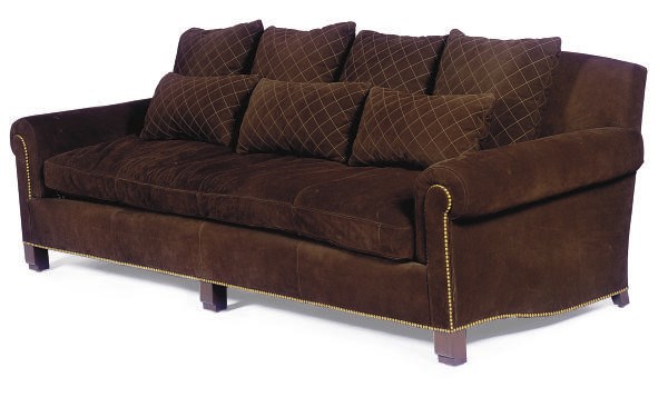 A BROWN SUEDE-UPHOLSTERED SOFA,