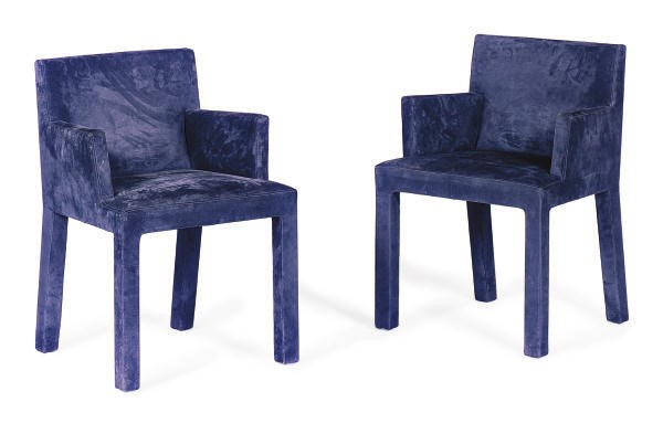 A SET OF EIGHT BLUE SUEDE-UPHOLSTERED DINING CHAIRS,