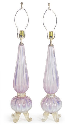 A PAIR OF VENETIAN PINK GLASS TABLE LAMPS,