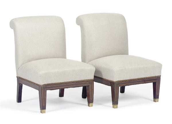 A PAIR OF INLAID MAHOGANY, BRASS AND UPHOLSTERED SLIPPER CHAIRS,